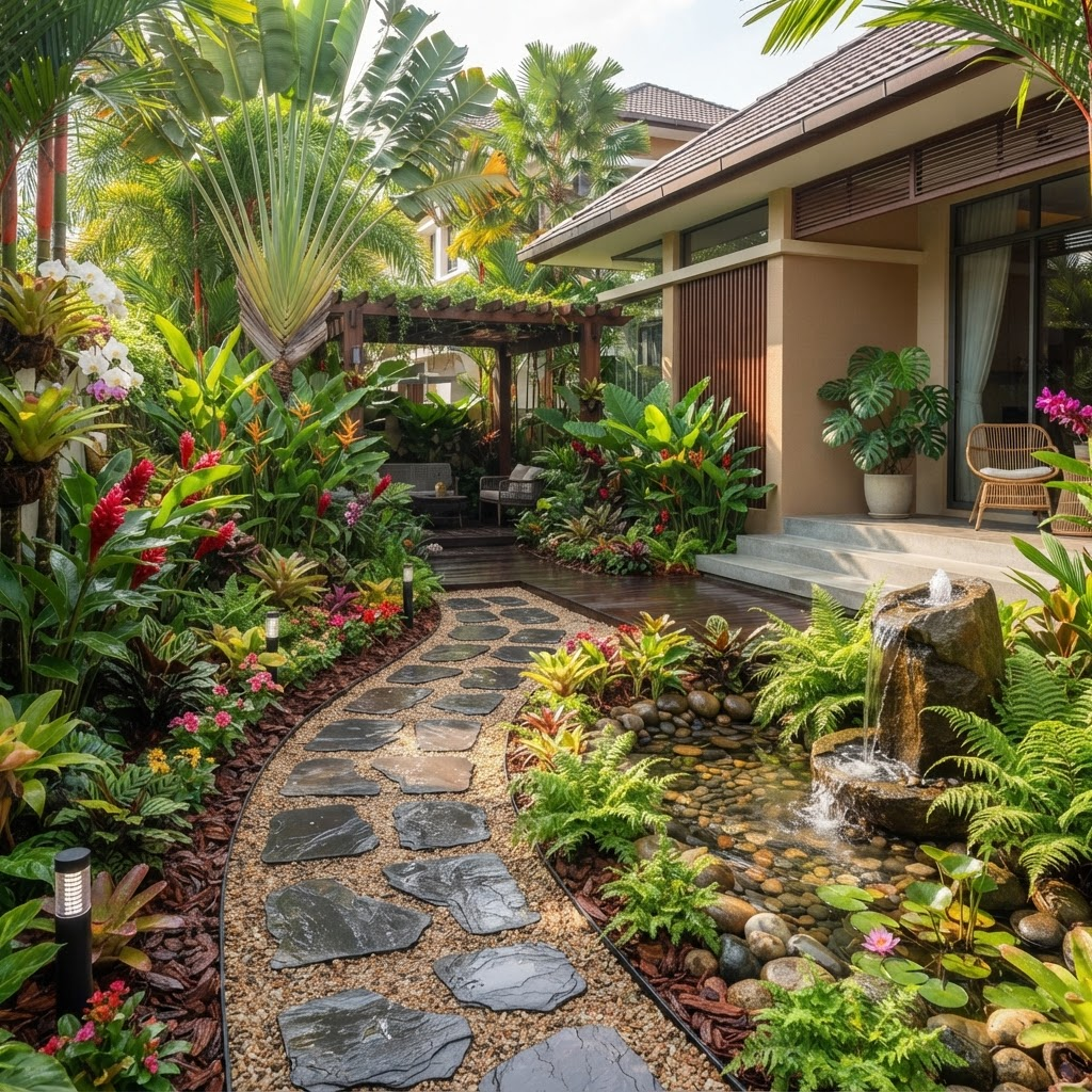 Landscaped tropical garden with planting beds and paved hardscaping in Setia Alam, Shah Alam