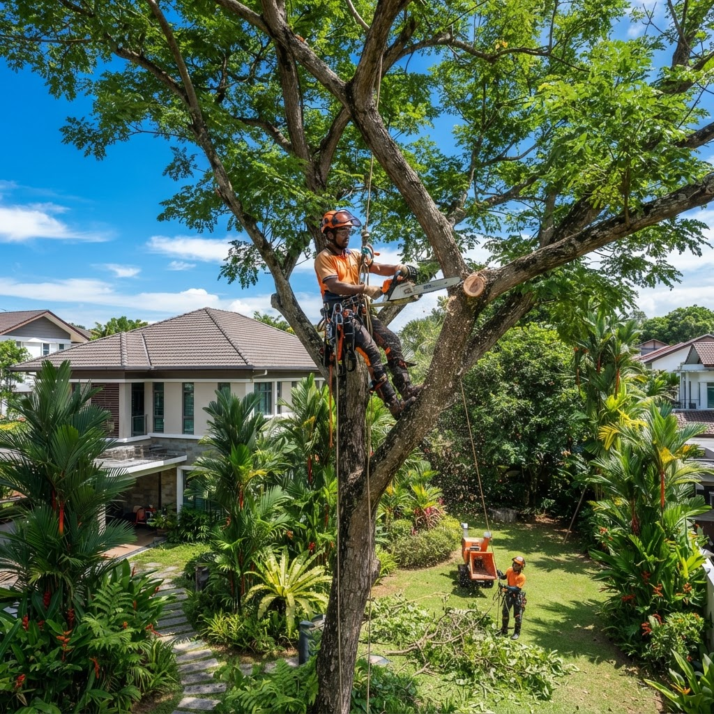 Garden tree being trimmed and pruned at a landed property in Setia Alam